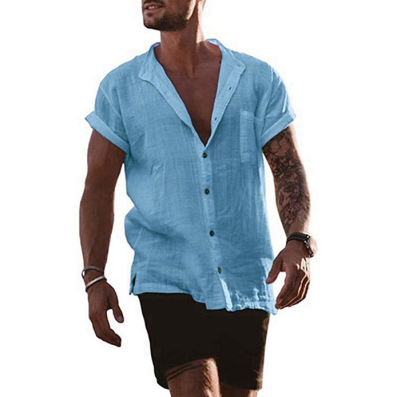 Men's Solid Loose Short Sleeve Cotton Linen Shirt 01942437Z