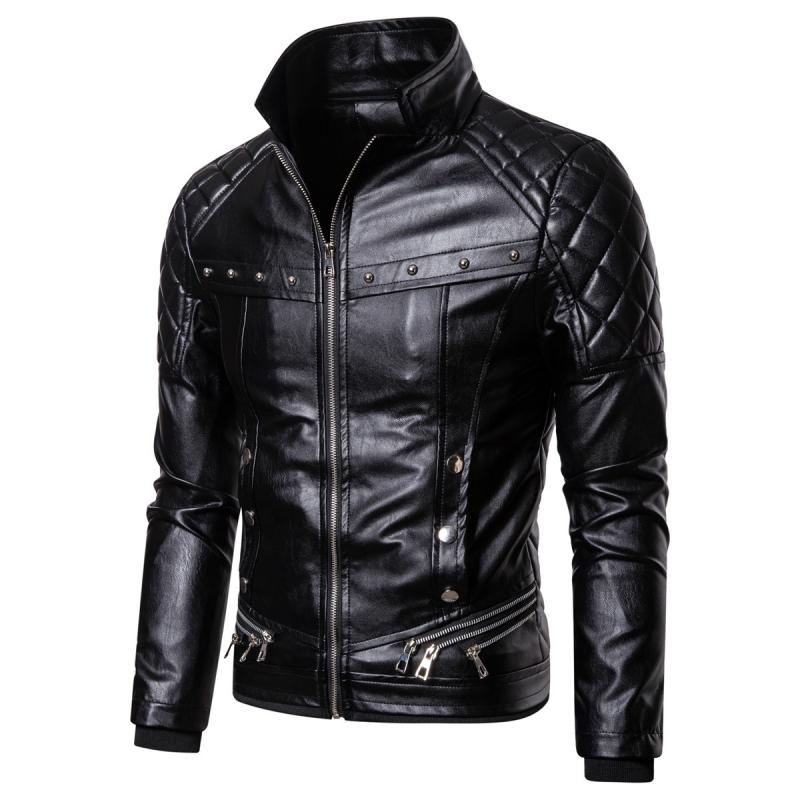 Men's Vintage Fur Collar Zipper Panel Leather Jacket 84578852M