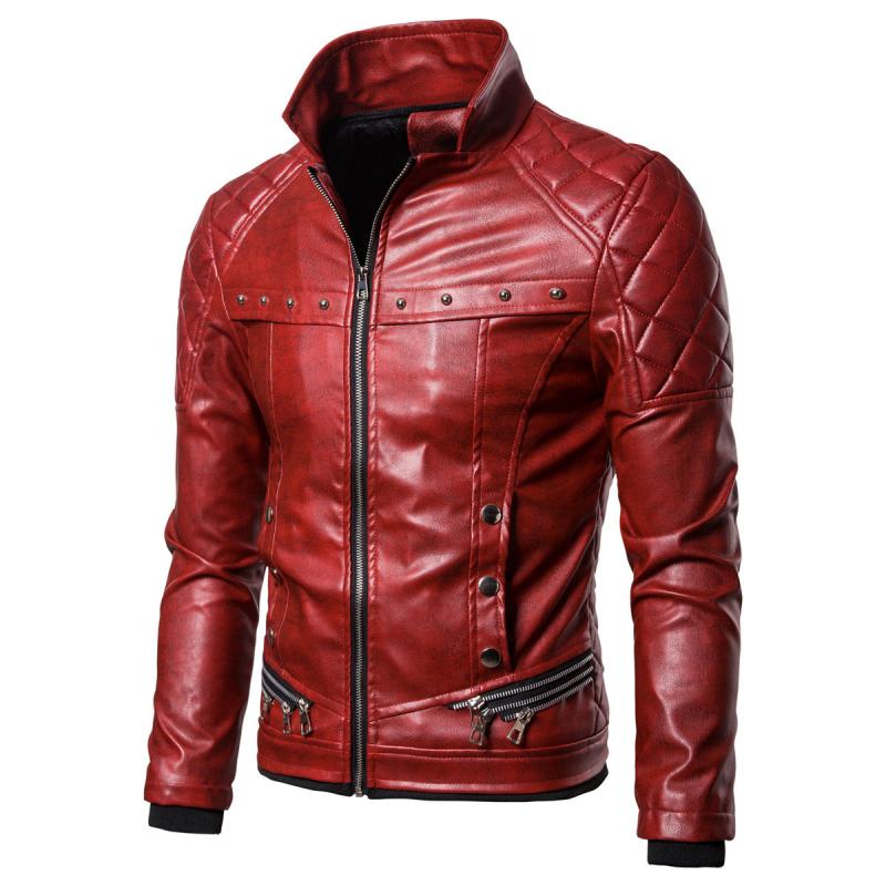 Men's Vintage Fur Collar Zipper Panel Leather Jacket 84578852M