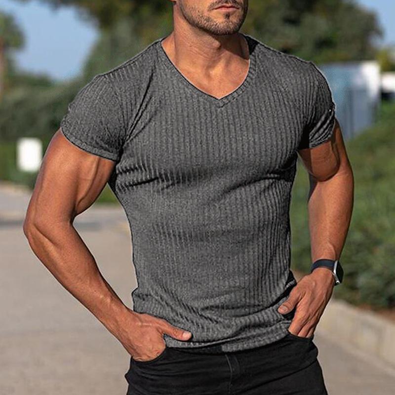 Men's V Neck Short Sleeve Striped T-shirt 10687148Z