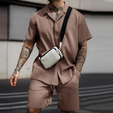 Men's Lapel Single Breasted Short Sleeve Shirt Shorts Set 04319018Z