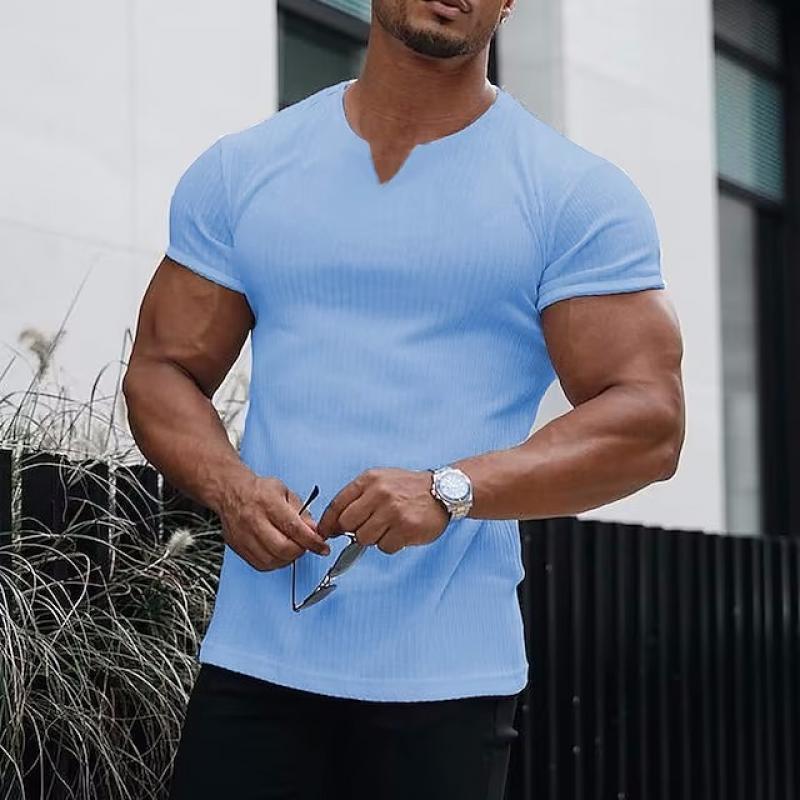 Men's V Neck Solid Striped Short Sleeve T-shirt 12407631Z