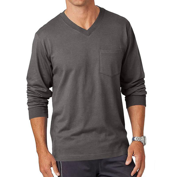 Men's Solid Loose V Neck Pocket Long Sleeve T-shirt 15979962Z