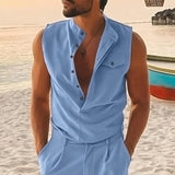 Men's Stand Collar Double Placket Solid Sleeveless Pocket Cotton Linen Tank Top 82966809Z