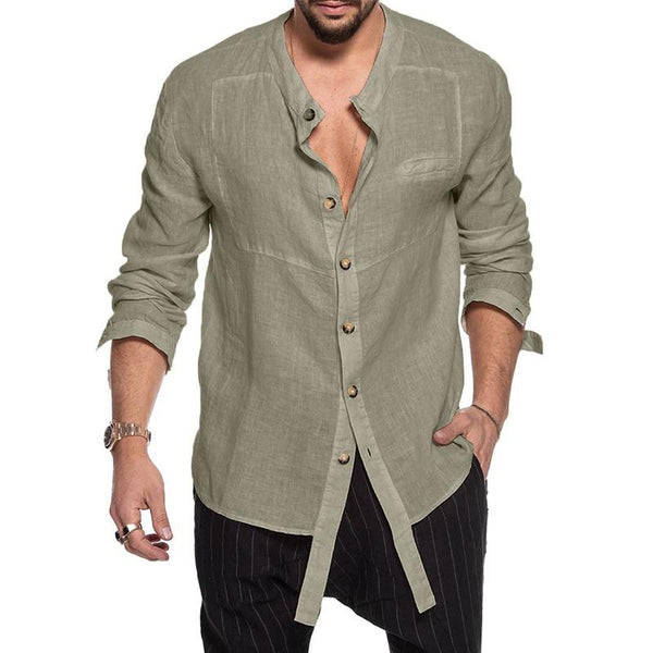 Men's Stand Collar Loose Cotton Linen Shirt 25606954Z