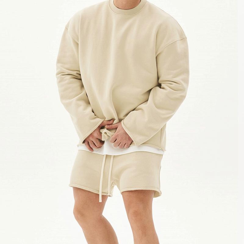 Men's Fashion Solid Color Loose Rolled Sweatshirt Shorts Set 80927036Z