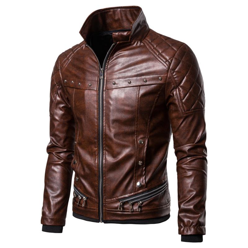 Men's Vintage Fur Collar Zipper Panel Leather Jacket 84578852M