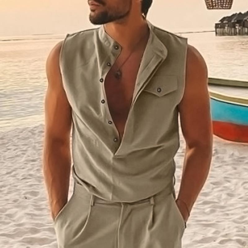 Men's Stand Collar Double Placket Solid Sleeveless Pocket Cotton Linen Tank Top 82966809Z