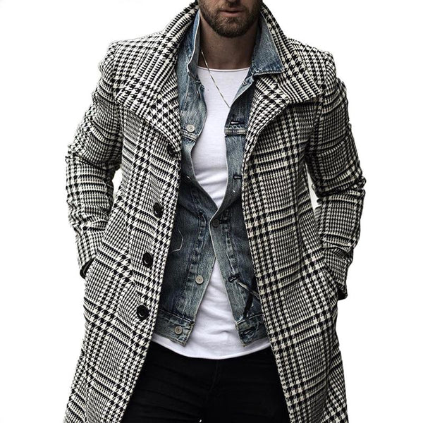 Men's Mid-Length Lapel Fashion Checked Coat 38372224Z
