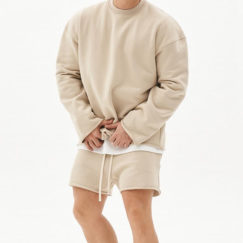 Men's Fashion Solid Color Loose Rolled Sweatshirt Shorts Set 80927036Z