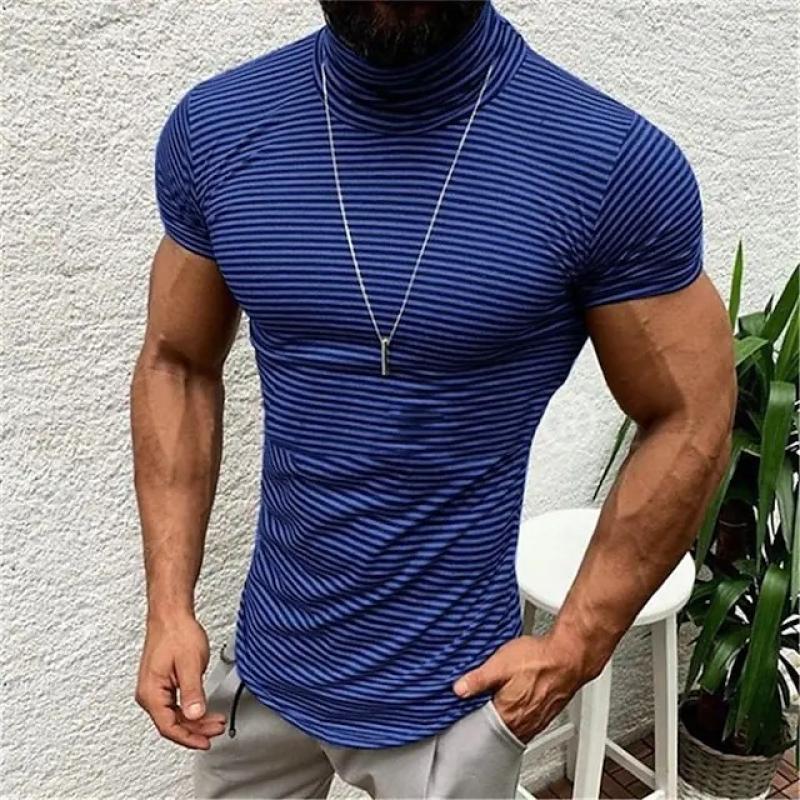 Men's High Collar Striped Short Sleeve T-shirt 88365376Z