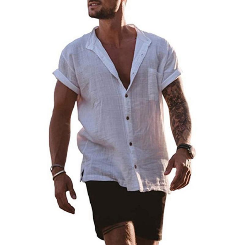 Men's Solid Loose Short Sleeve Cotton Linen Shirt 01942437Z