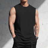 Men's Solid Cotton Round Neck Sleeveless Sports Fitness Tank Top 13834946Z