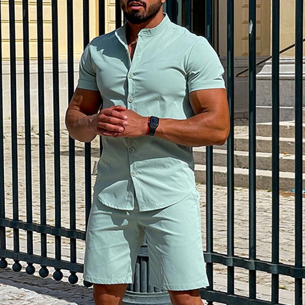 Men's Stand Collar Single Breasted Short Sleeve Shirt Shorts Set 84288595Z