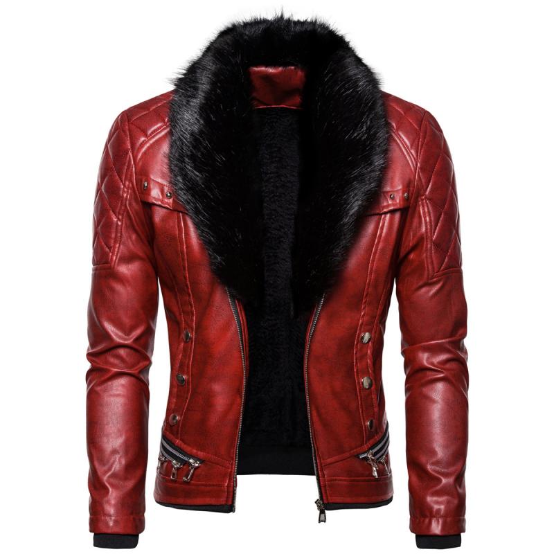 Men's Vintage Fur Collar Zipper Panel Leather Jacket 84578852M