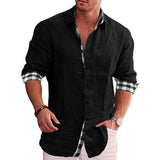 Men's Lapel Checked Stitching Long Sleeve Shirt 79610505Z