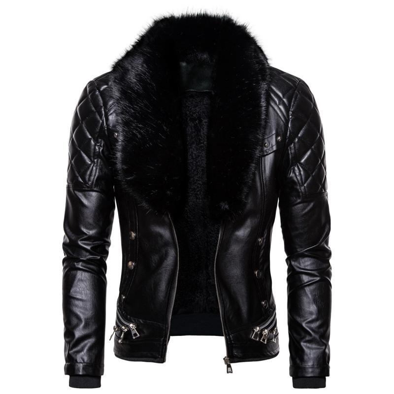 Men's Vintage Fur Collar Zipper Panel Leather Jacket 84578852M