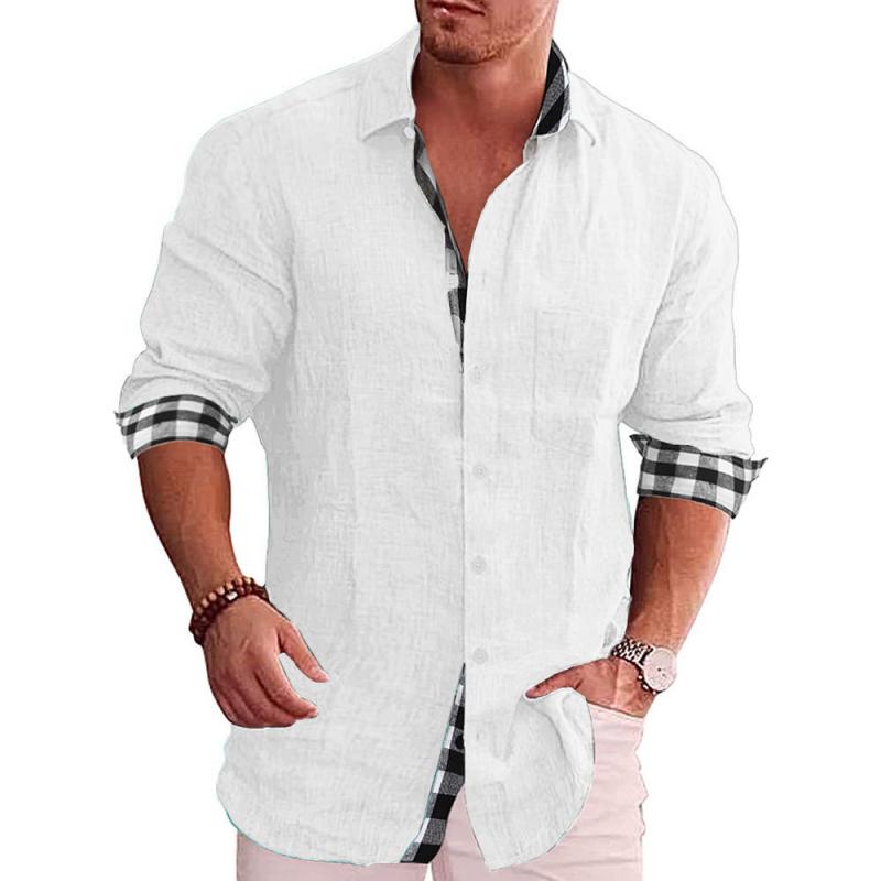 Men's Lapel Checked Stitching Long Sleeve Shirt 79610505Z