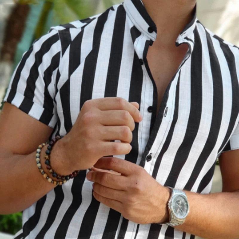 Men's Stand Collar Striped Short Sleeve Shirt 98229943Z