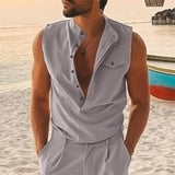 Men's Stand Collar Double Placket Solid Sleeveless Pocket Cotton Linen Tank Top 82966809Z