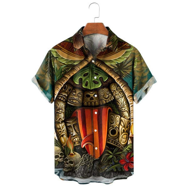 Tiki Mask Skull Print Lapel Shirt 12407156X Shirt(A) / Green S Shirts & Tops