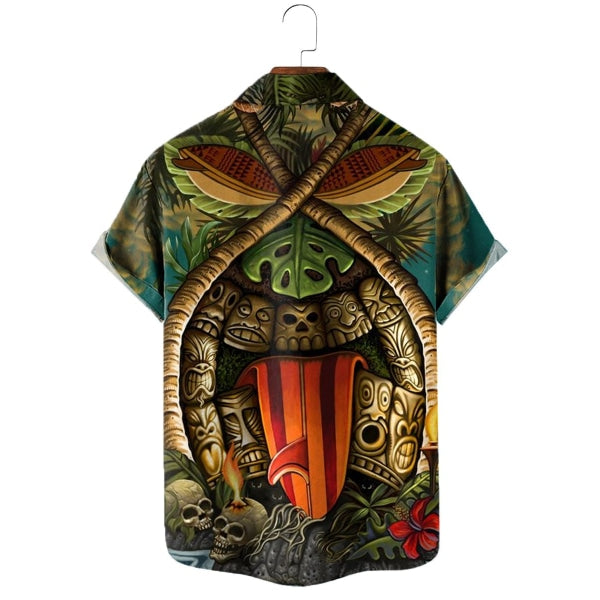 Tiki Mask Skull Print Lapel Shirt 12407156X Shirts & Tops